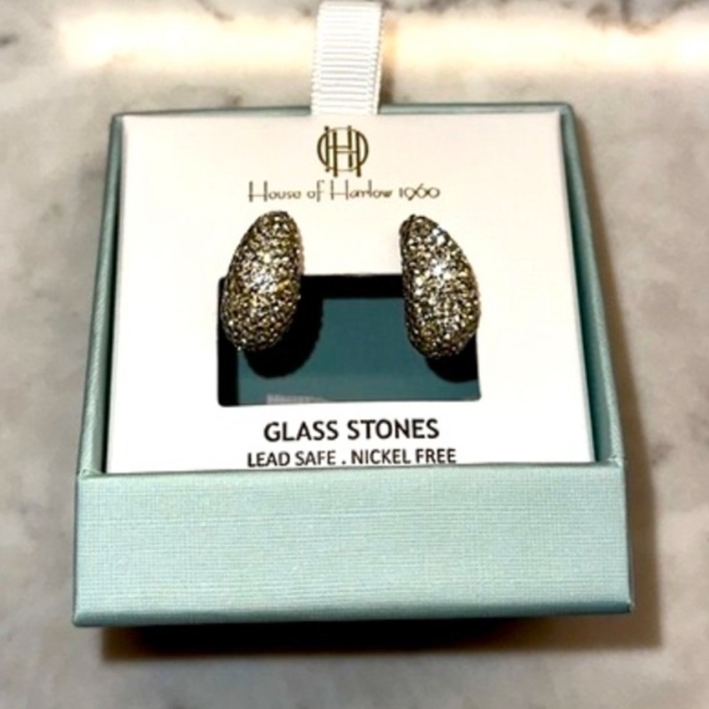 House of Harlow 1960 Glass Stone Earrings Bling Crescent Style New